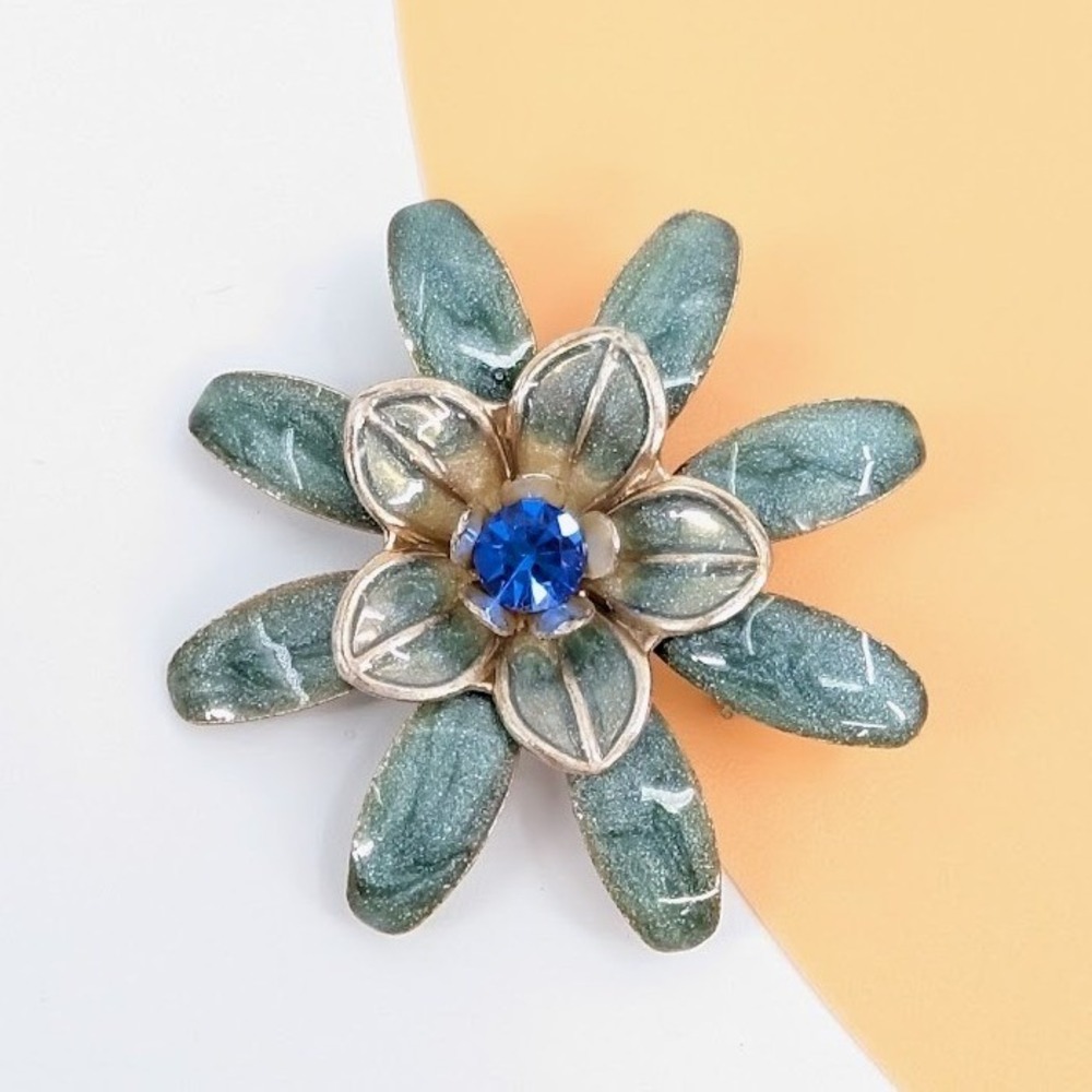 VTG Enamel Flower Brooch 3D‎ Teal Glitter Blue Rhinestone Shaded Petal Mod